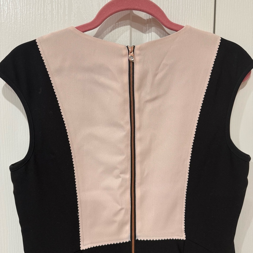 Ted Baker Black Mini Dress with Pale Pink Bib and Black Bow - Picture 7 of 10